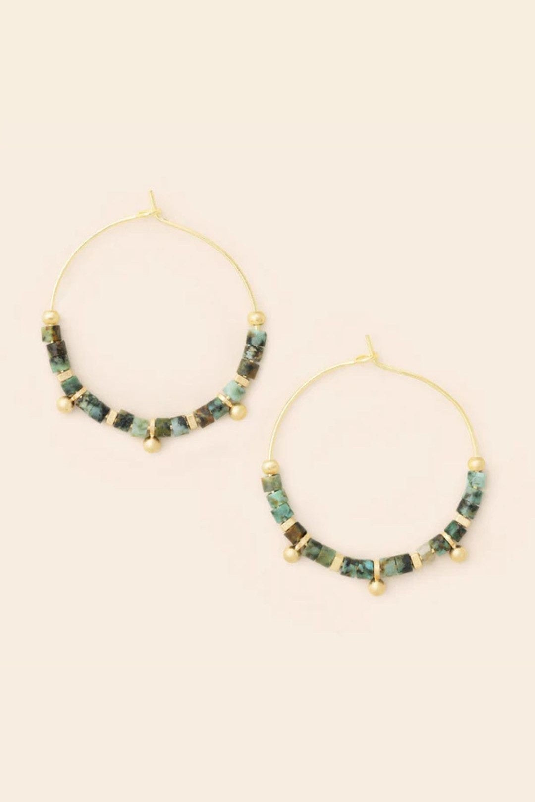 Stone Disc Hoop Earrings - African Turquoise/Gold
