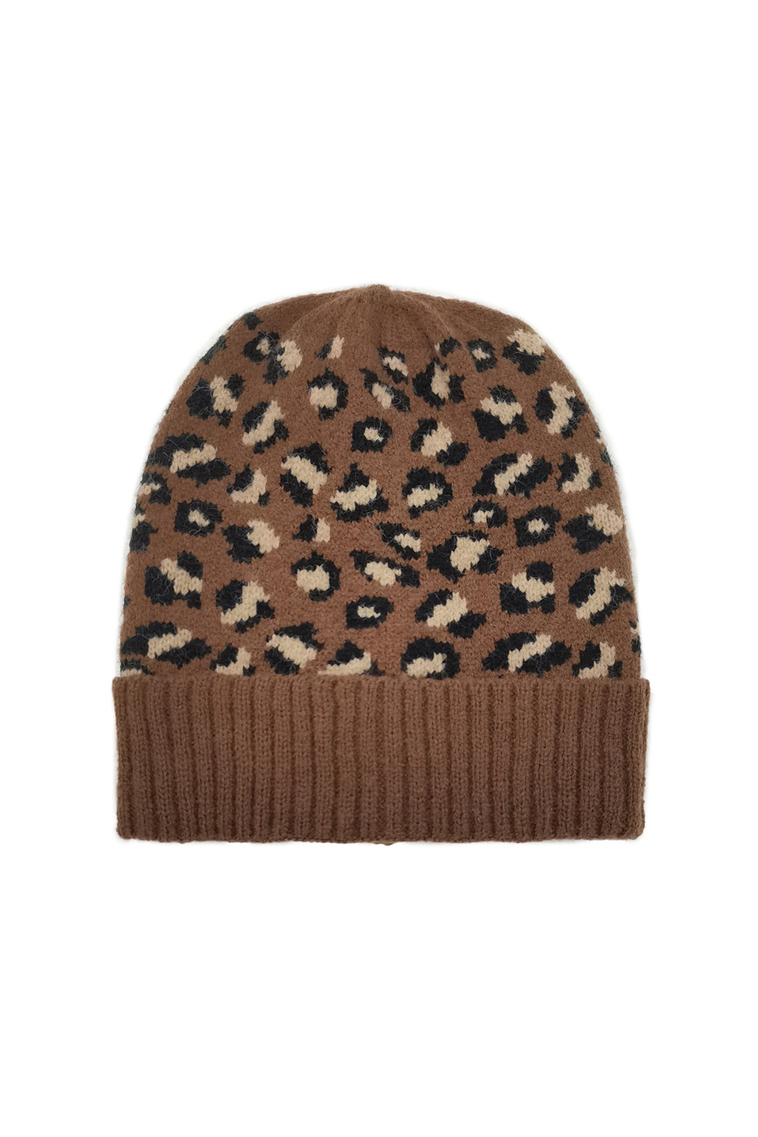 Leopard Beanie with Cuff - Brown