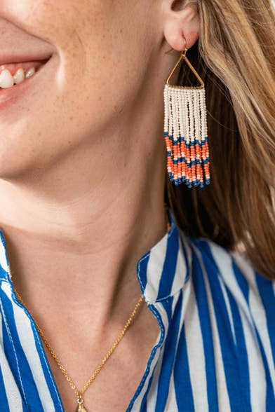 Whitney Scalloped Beaded Fringe Earrings - Lapis Coral