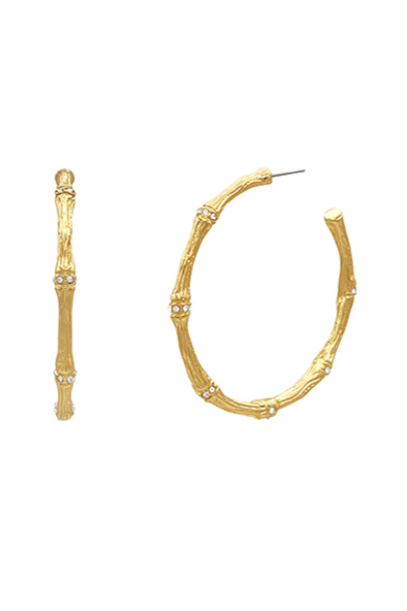 50mm Pave Crystal Bamboo Shape Hoops - Gold