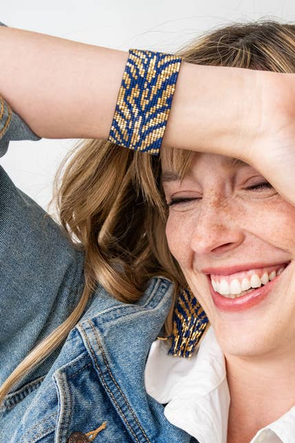 Brooklyn Tiger Print Beaded Stretch Bracelet - Navy