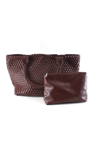 Woven Tote Bag with Cosmetic Pouch - Chocolate