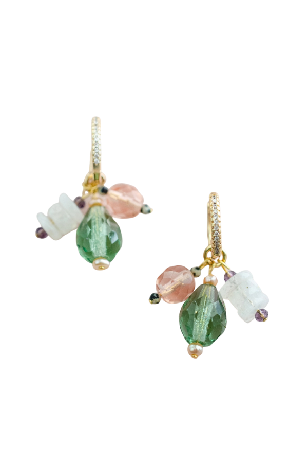 Green & Pink Moonstone Charm Hoop Earrings