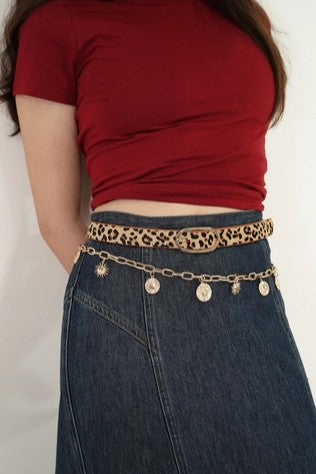 Leopard Print Calf Hair Genuine Leather Belt
