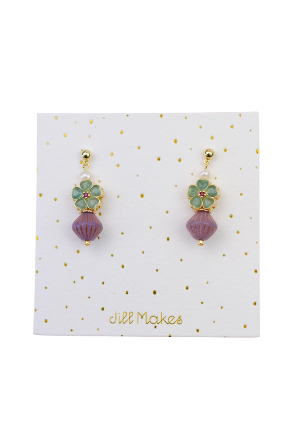 Beaded Green & Purple Dangle Earrings
