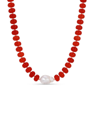 Stone Necklace with Baroque Pearl - Rust