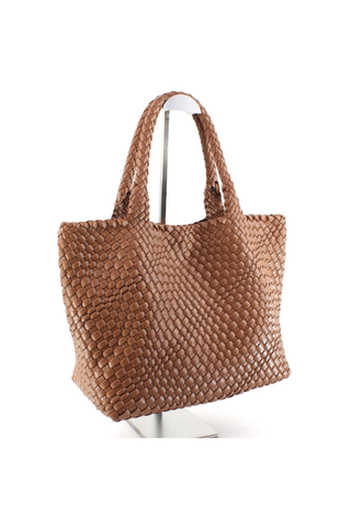 Woven Tote Bag with Cosmetic Pouch - Brown