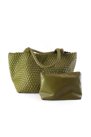 Woven Tote Bag with Cosmetic Pouch - Olive