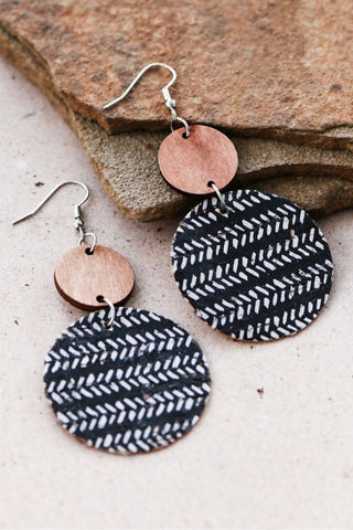 Boho Printed Cork Wooden Dangle Earrings - Black
