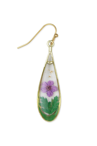 Purple Flower Gold Teardrop Dried Flower Earrings