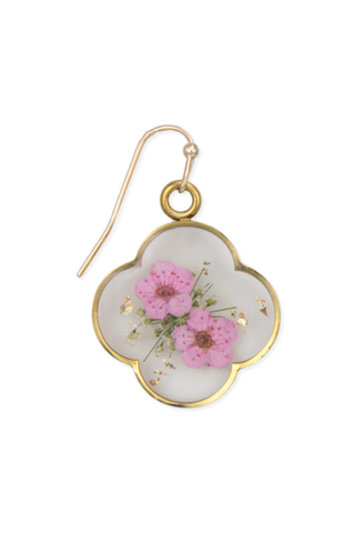 Pink Dried Flower Gold Clover Earrings