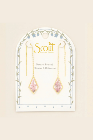 Pressed Flower Thread Earrings - Pink Lace Flower/Gold