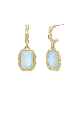Faceted Stone Bamboo Dangled Hoops - Icy Blue/Vintage Gold