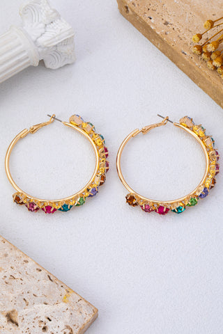 Multicolor Rainbow Crystal Hoop Earrings - Gold