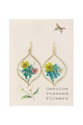 Yellow Pink Dried Flower Gold Marquise Earrings