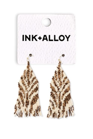 Delilah Zebra Print Beaded Fringe Earrings - Bronze & Ivory