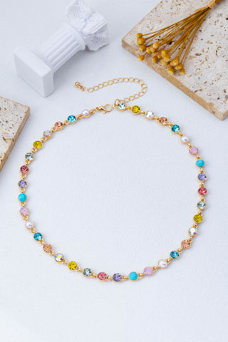 Crystal & Pearl Tennis-Style Necklace - Gold