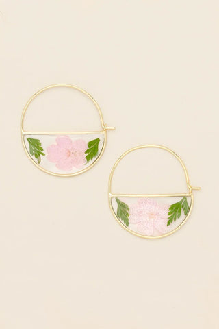 Pressed Flower Hoop Earrings - Pink Cherry Blossom/Gold