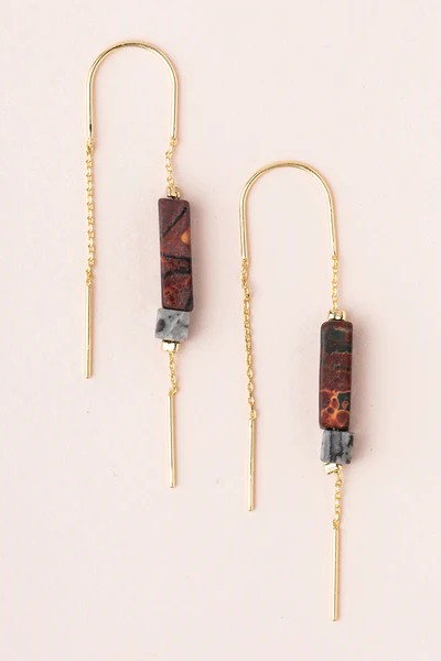 Rectangle Stone Thread Earrings - Majestic Jasper/Black/Gold