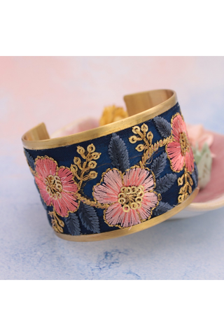 Vintage Pink Blue Embroidered Cuff Bracelet