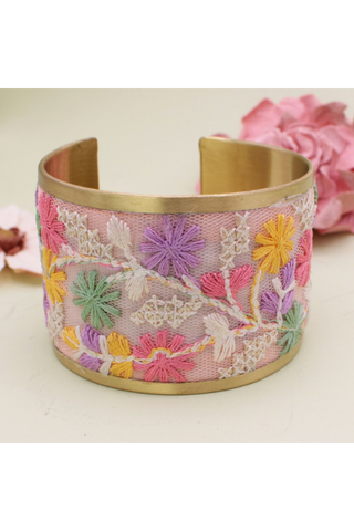 Pretty In Pink Floral Embroidered Cuff Bracelet