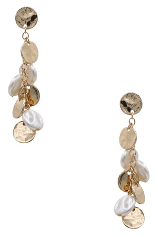 Hammered Disc & Pearl Cluster Drop Earrings - Gold
