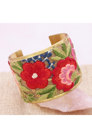Mesh Red Flower Embroidered Elegance Cuff Bracelet