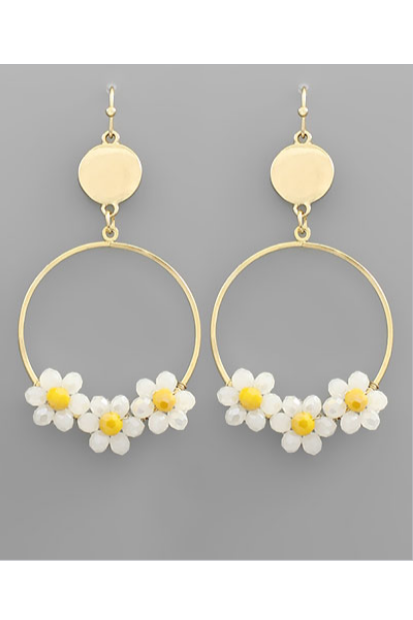 Glass Flower Accent Circle Earrings - White/Gold