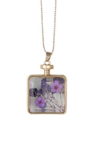 Faux Bottle Purple Dried Flower Gold Necklace