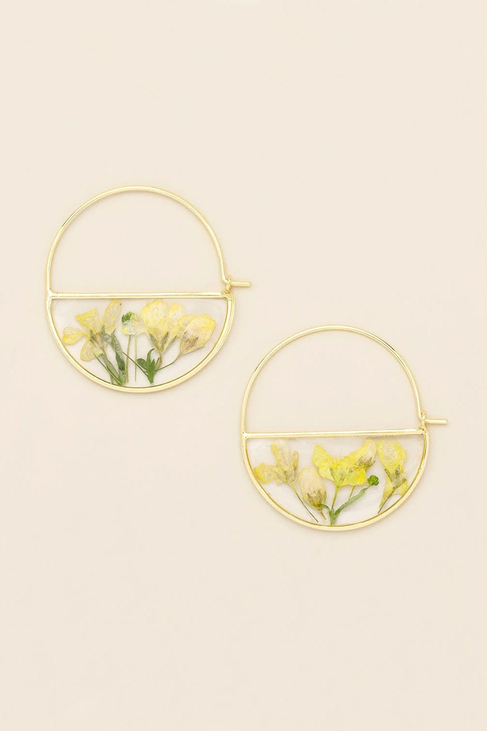 Pressed Flower Hoop Earrings - Yellow Baby's Breath/Gold