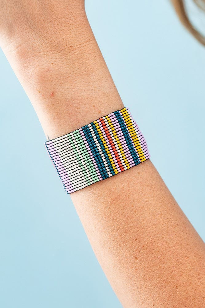 Penelope Vertical Stripes Seed Bead Bracelet - Lilac, Green & Lemon