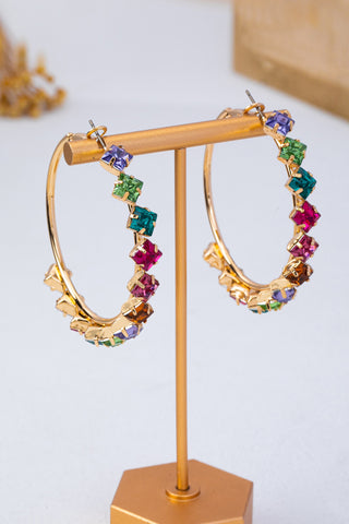 Multicolor Rainbow Crystal Hoop Earrings - Gold