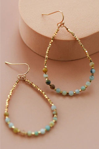 Amazonite Stone Beaded Teardrop Wire Earrings - Green