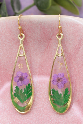 Purple Flower Gold Teardrop Dried Flower Earrings
