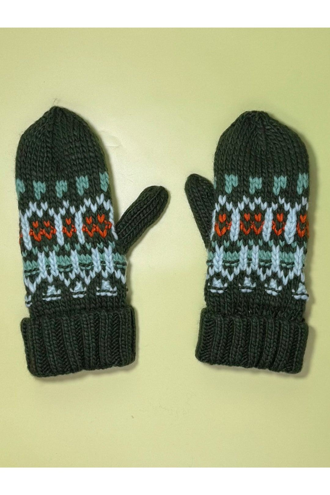 Patterned Mittens - Olive, Lt. Blue, Mint & Orange