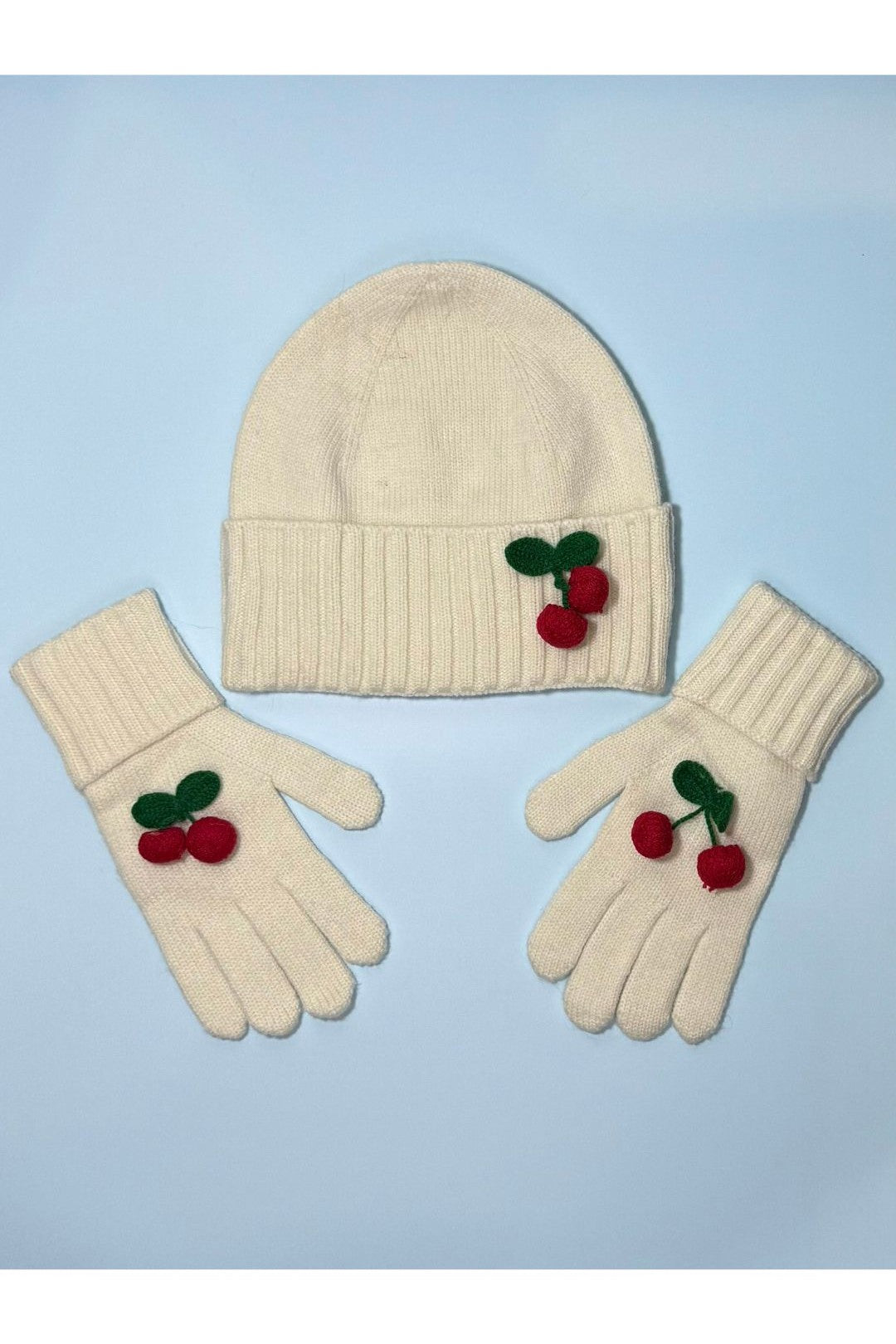 Cherry Applique Knit Beanie & Gloves Set