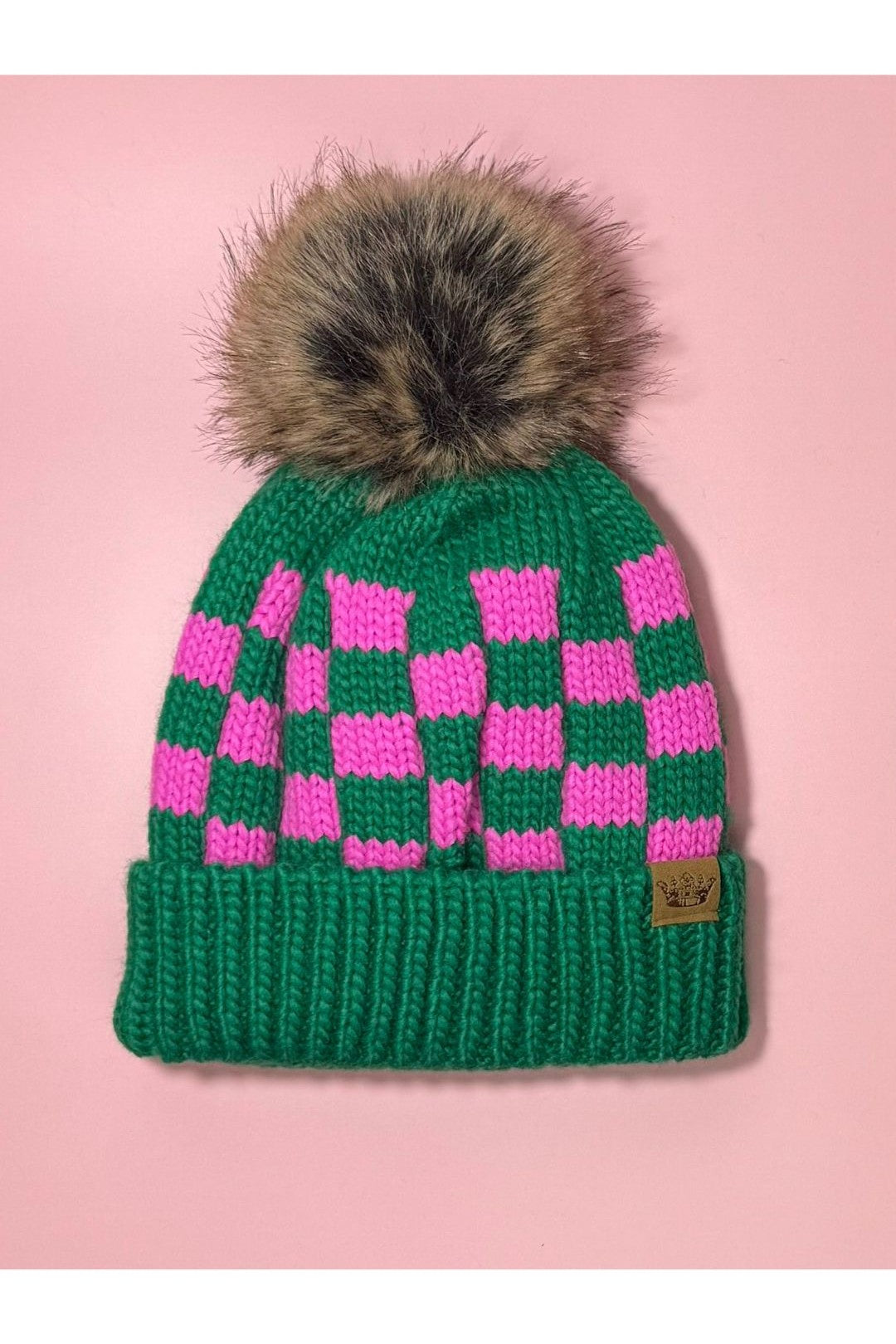 Checkered Pom Hat  - Green & Pink