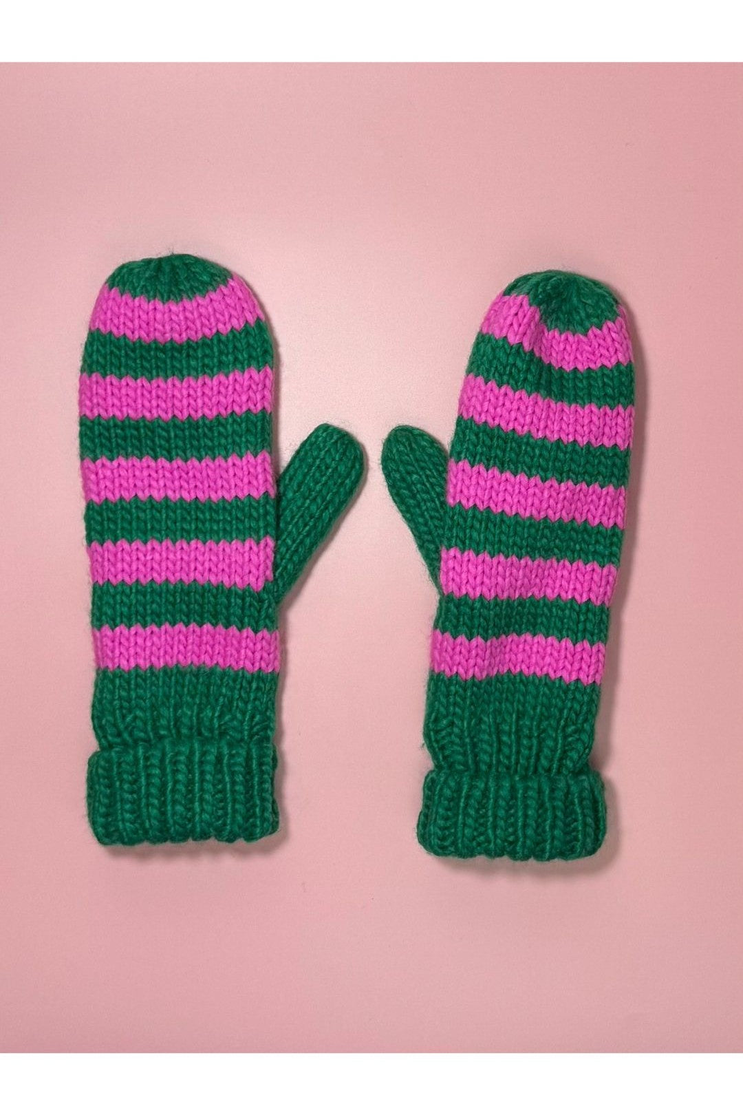 Striped Mittens  - Green & Pink