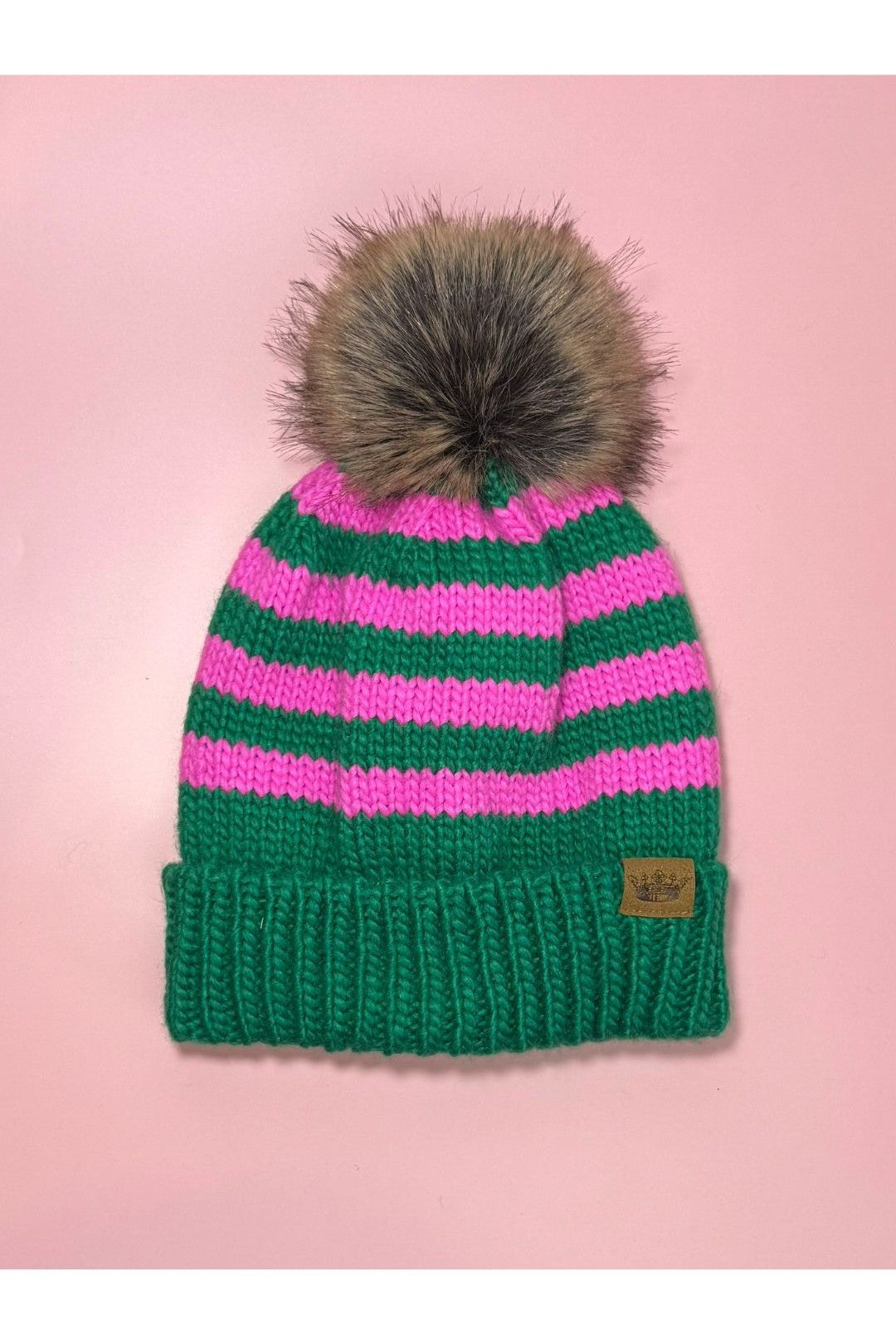 Striped Pom Hat - Green & Pink