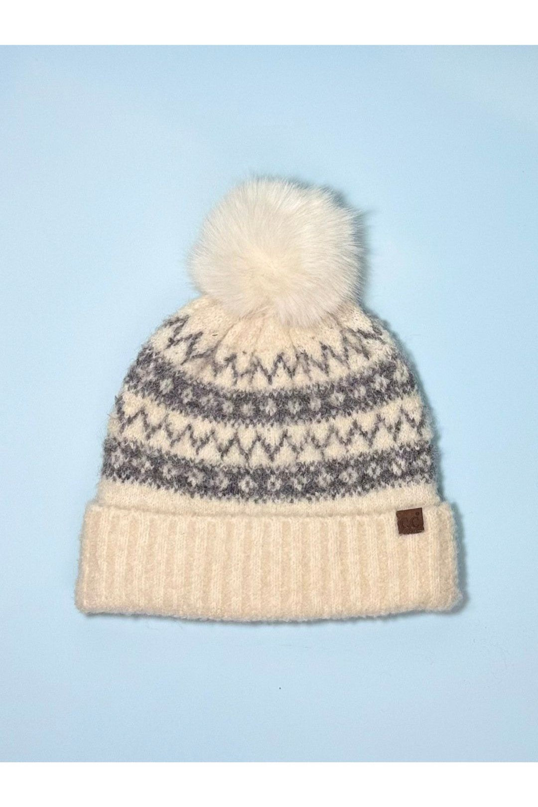 Fair Isle Beanie with Faux Fur Pom