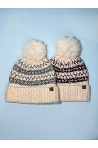 Fair Isle Beanie with Faux Fur Pom