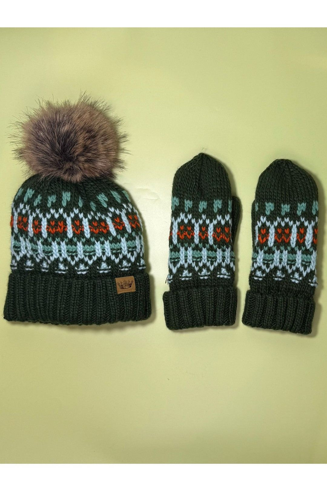 Patterned Mittens - Olive, Lt. Blue, Mint & Orange