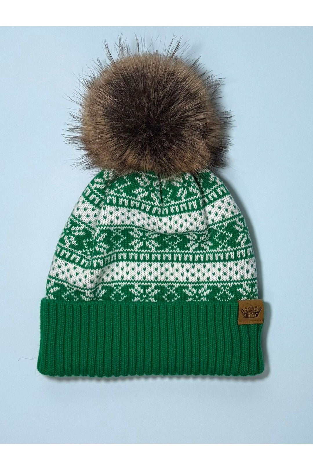 Winter Pattern Pom Hat - Green & White