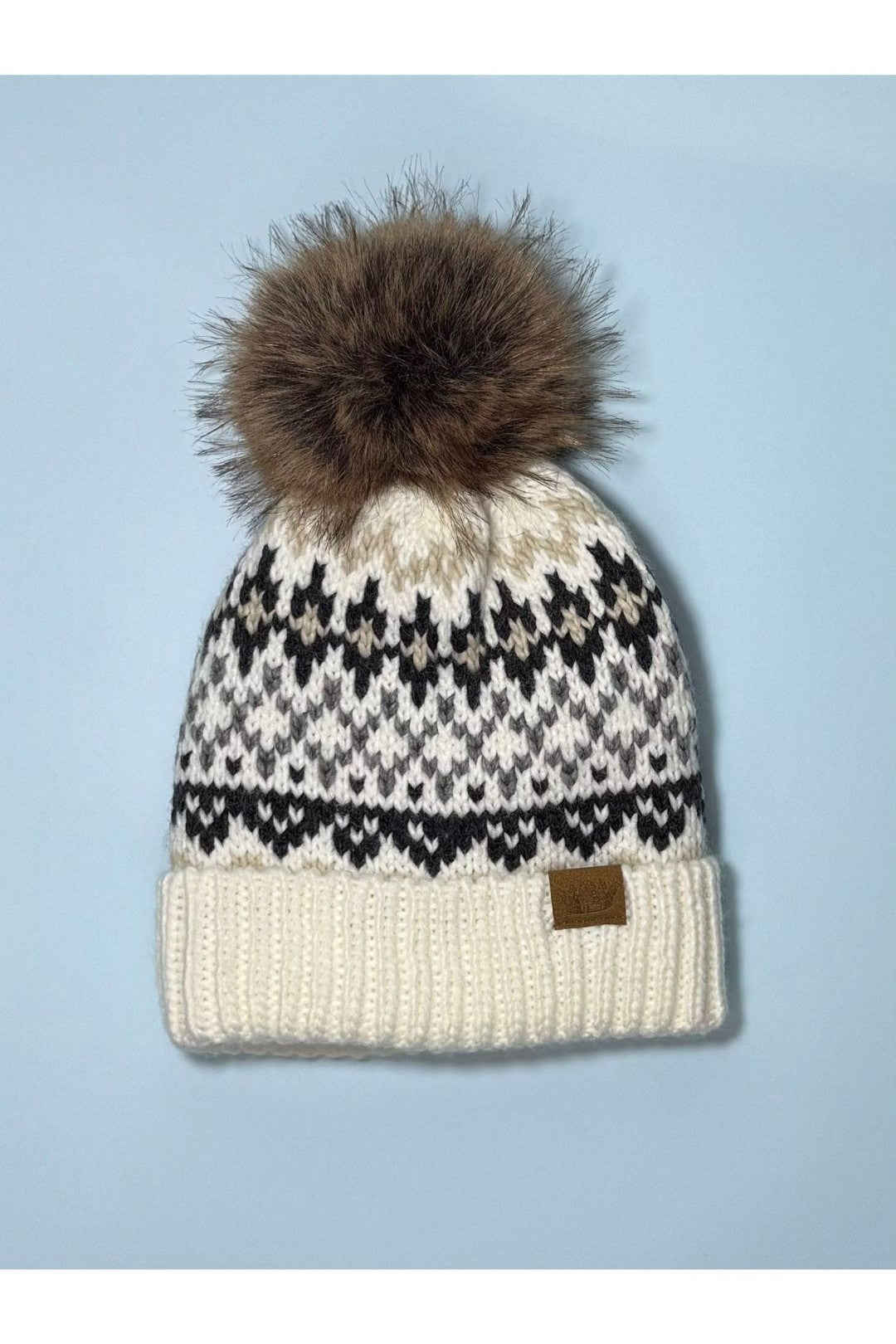 Winter Pattern Pom Hat - Ivory, Gray & Tan