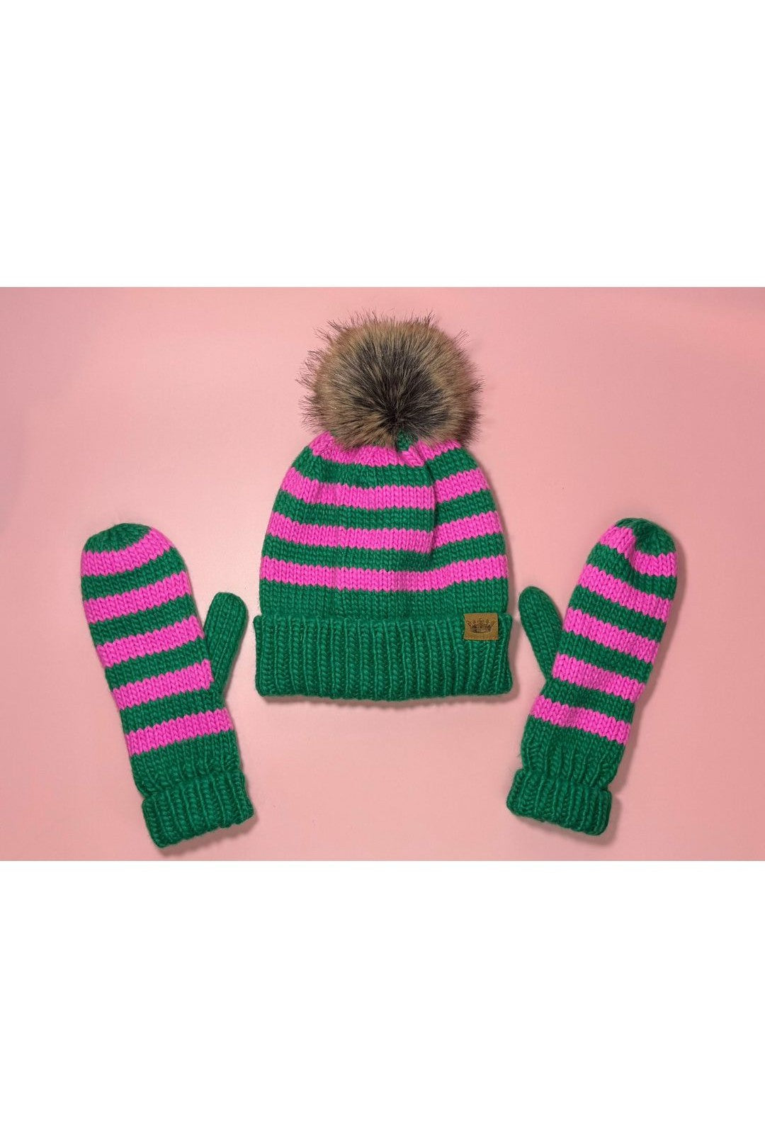 Striped Mittens  - Green & Pink